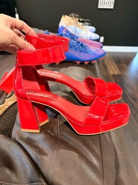 Wishbone Red Patent Block-Heel Sandals with Ankle Strap